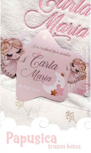Trusou de botez cu papusica roz, gene lungi si broderie customizata, Doll 1